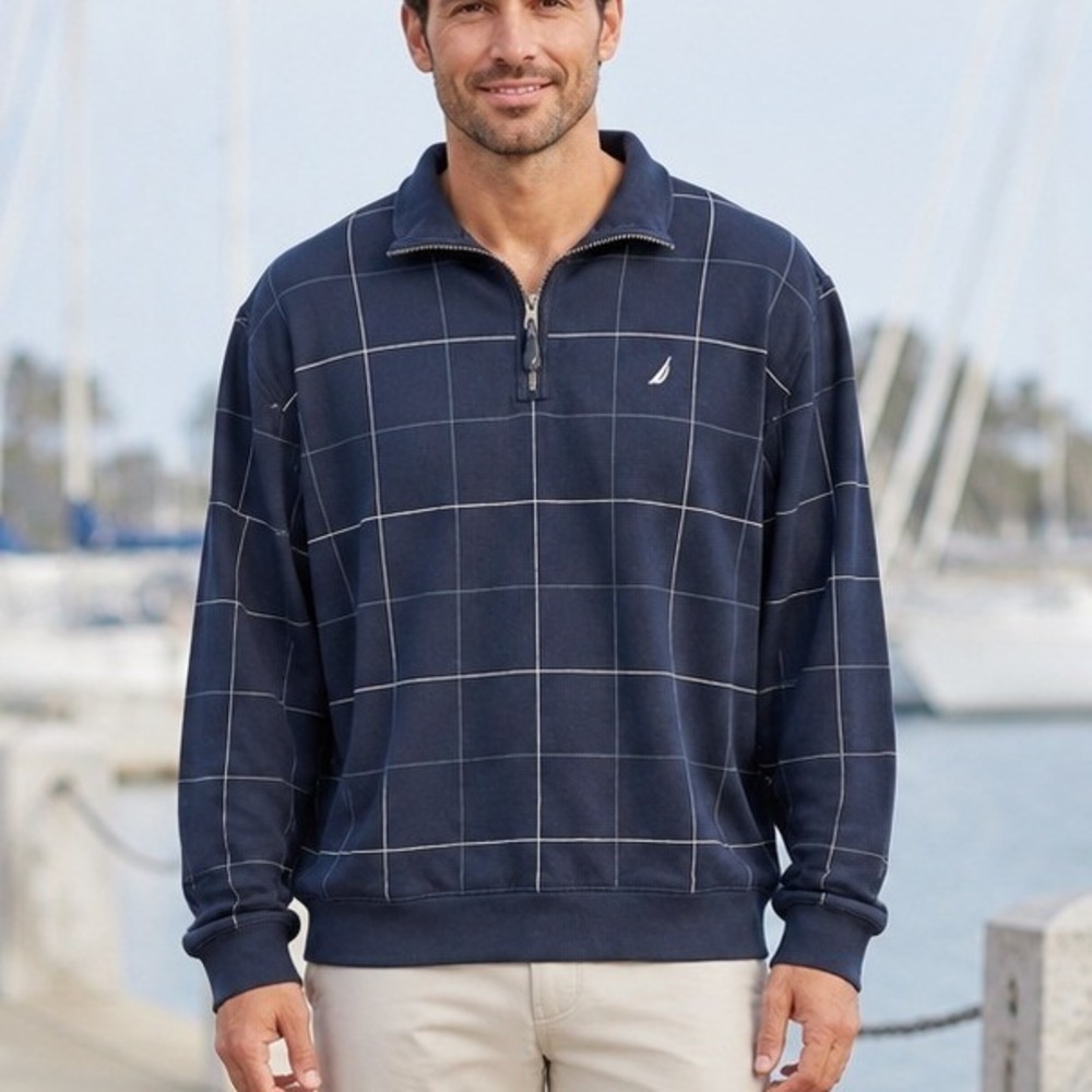 Nautica Men's XXL Navy Blue Windowpane Grid Quarter Zip Fleece Pullover Sweater